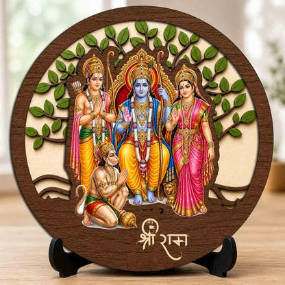 Plan To Gift Ram Darbar Round Wooden Devotional Idol with Stand for Puja Room, Home Decor & Religious Gift - 5x5 Inch