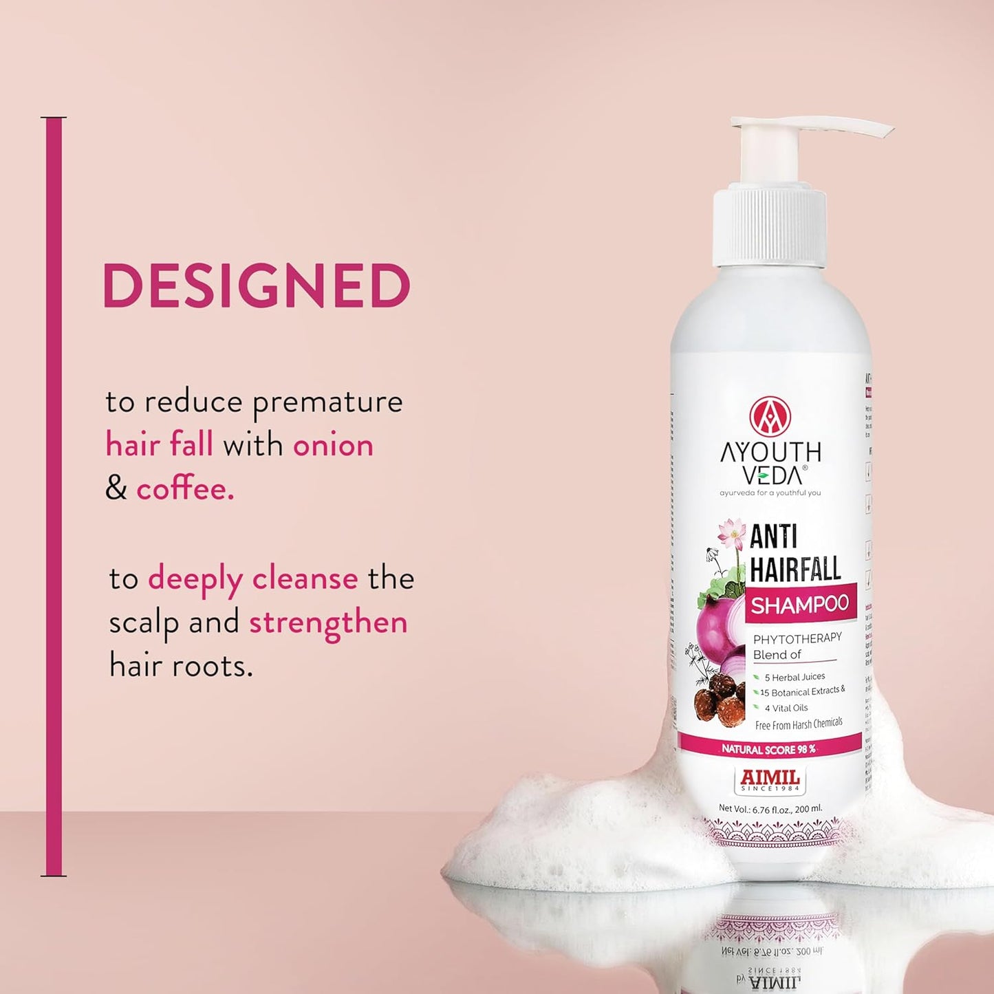 Ayouthveda Anti Hair Fall Shampoo with Onion & Coffee | Natural Formula with Aloe vera, Reetha, Shikakai & Neem | Reduces Hair Fall, Improves Hair Density & Scalp Health | 200 ml (Pack of 1)