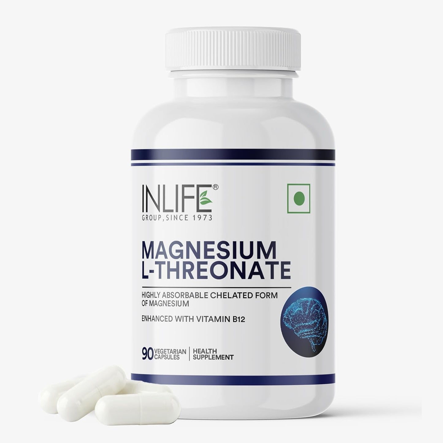 INLIFE Magnesium L Threonate Supplement 2083 mg with Vitamin B12 | Highly Bioavailable | Supports Cognitive Health, Memory & Sleep Support, Energy & Stress Management - 90 Vegetarian Capsules (90)
