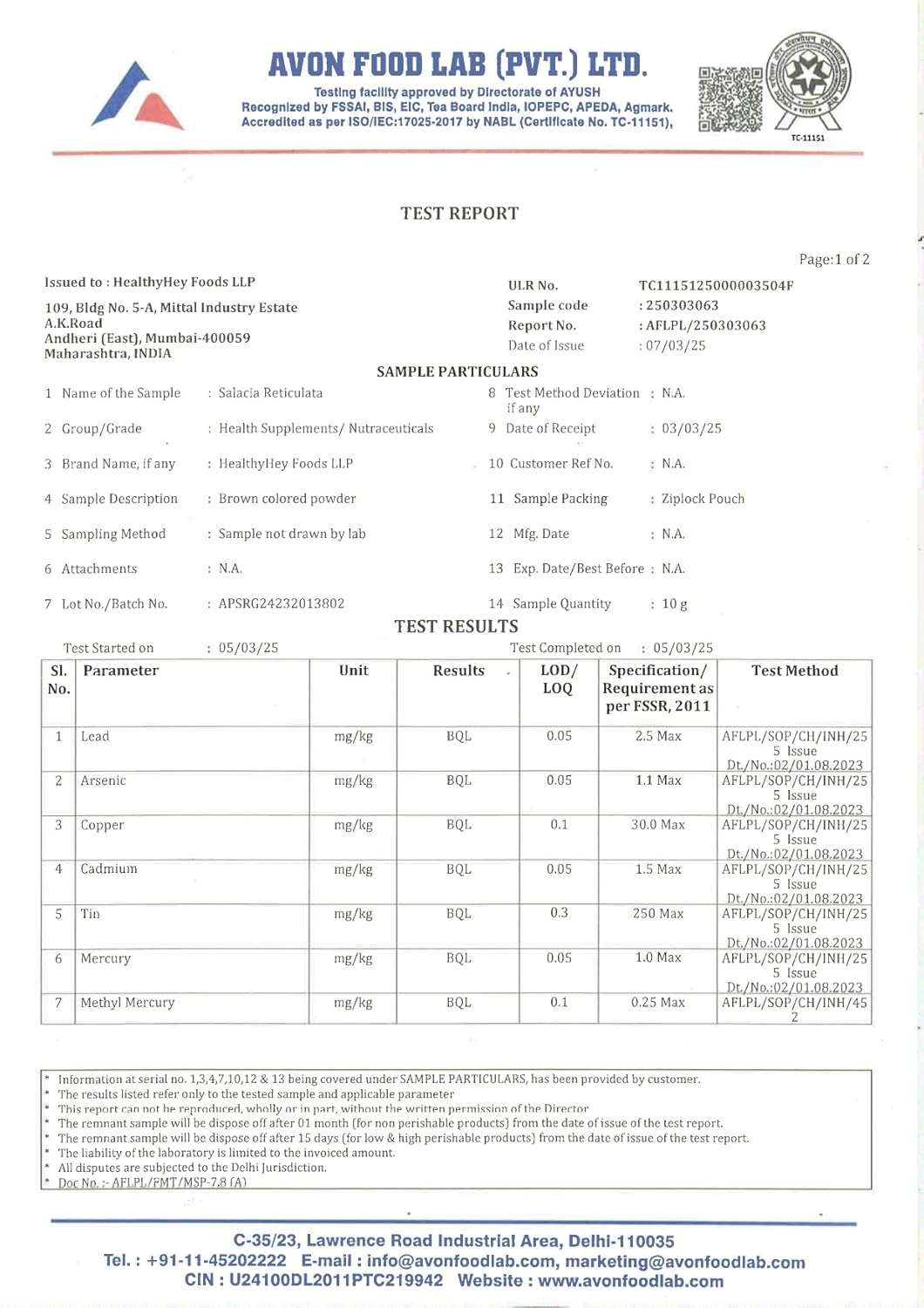 Avon Food Lab test report with various parameters and results.
