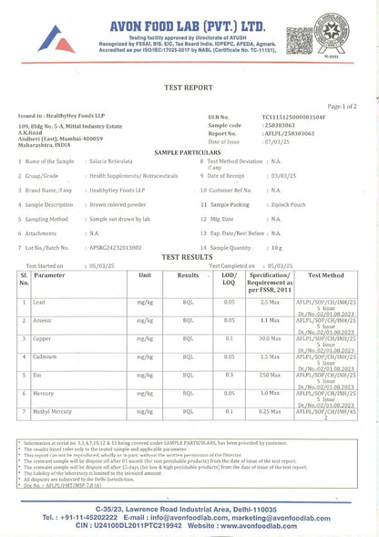 Avon Food Lab test report with various parameters and results.