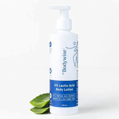 Be Bodywise 5% AHA Lactic Acid Body Lotion with 48Hr Moisturisation 200ml | Dermatologically Tested | Improves Skin Texture & Reduces Appearance of Strawberry Legs | With Lactic Acid, Aloe Vera & Cica Extract