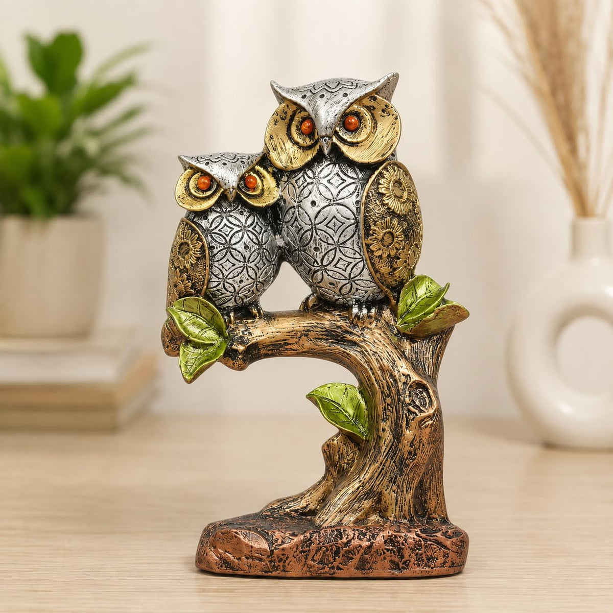 Resin Owl Pair Statue Sitting On Tree - Home Decor/Office Table Top Decoration/Living Room/Garden Showpiece/Gift Item - Pack Of 1 (Design 1), Multicolour