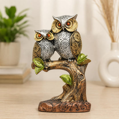 Resin Owl Pair Statue Sitting On Tree - Home Decor/Office Table Top Decoration/Living Room/Garden Showpiece/Gift Item - Pack Of 1 (Design 1), Multicolour