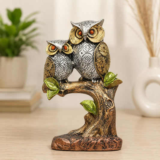 Resin Owl Pair Statue Sitting On Tree - Home Decor/Office Table Top Decoration/Living Room/Garden Showpiece/Gift Item - Pack Of 1 (Design 1), Multicolour