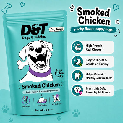 Dogs & Tiddles Smoked Chicken Jerky Dog Treats for Puppies & Adult Dogs, 70g | Soft & Chewy High-Protein Dog Snacks | Grain-Free Training Treats| Easily Digestible and Healthy