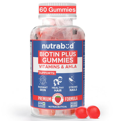 Nutrabud Biotin Hair Gummies For Women, Men | No Added Sugar | For Healthy Hair Growth, Skin Glow & Strong Nails | Strawberry Flavor Veg Gummy Bear Supplement - 60 Count (Pack of 1)