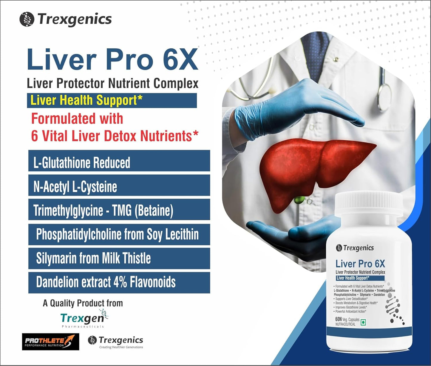 Trexgenics LIVER PRO 6X with L-Glutathione, Silymarin, N-Acetyl L-Cysteine, Phosphatidylcholine, Trimethylglycine (Betaine), Dandelion (60 Veg. Capsules (Pack of 1)