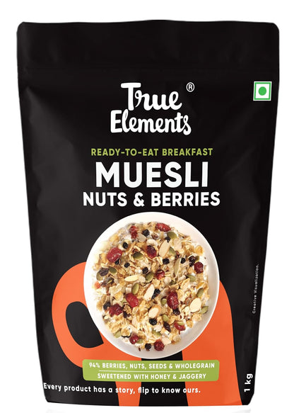 True Elements Crunchy Nuts & Berries Muesli 1kg - With 13g Clean Protein | Almonds, Seeds & Real Cranberries | With Jowar Millets | Crunchy Wholegrain Muesli | No Added Refined Sugar