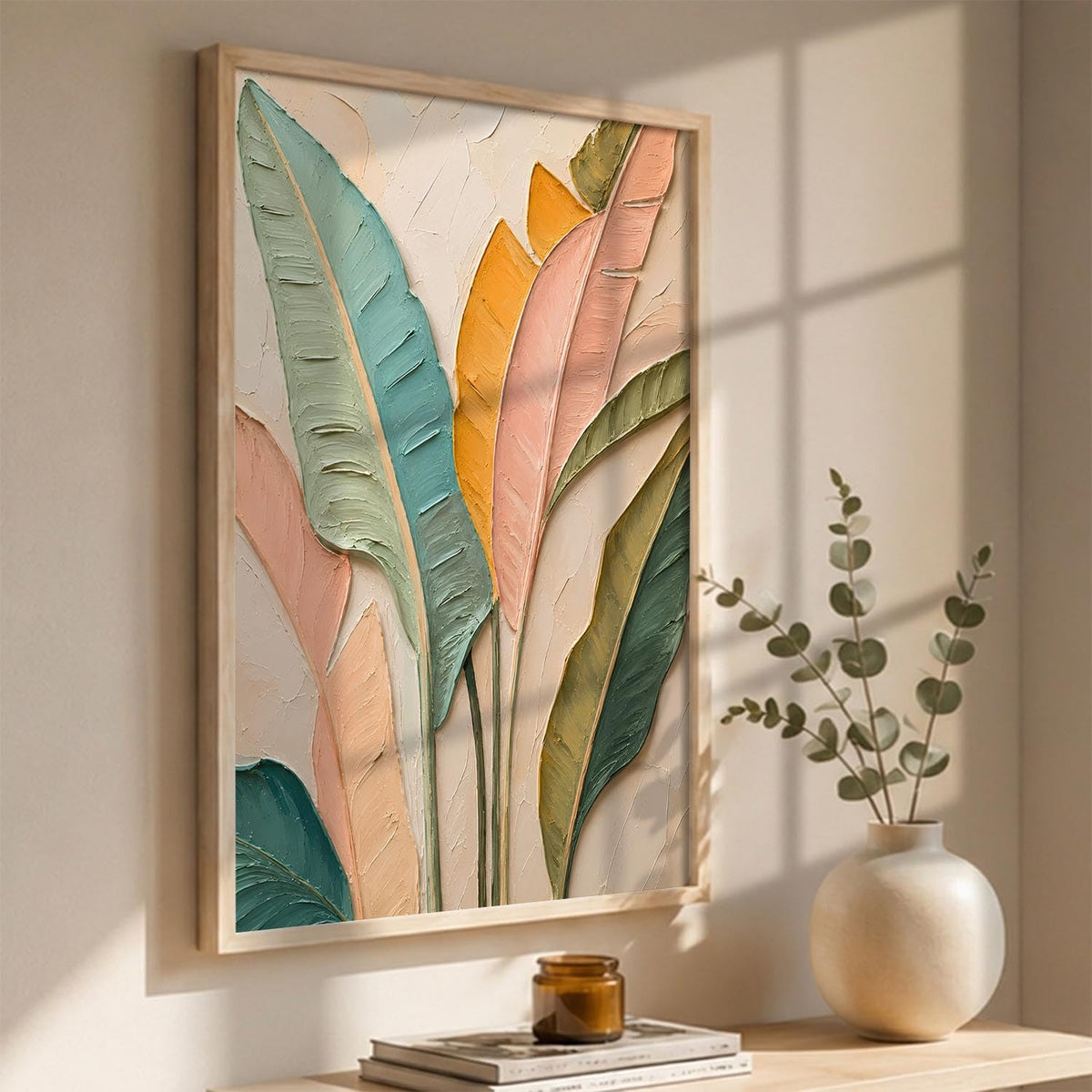 Decorative Modern Leaf Wall Art Painting With Frame | Leaf Painting For Living Room Bed Room Hotel Wall Decor Digital Reprint (14X20 inch)