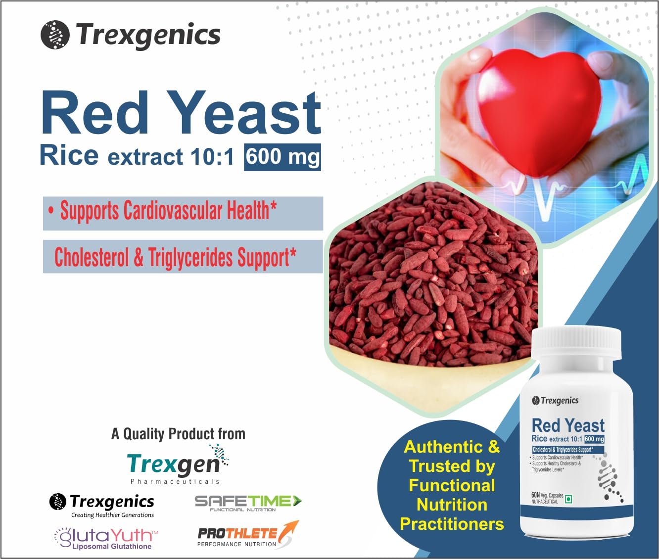 Trexgenics Red Yeast Rice supplement packaging with text and images of red yeast rice and a heart.