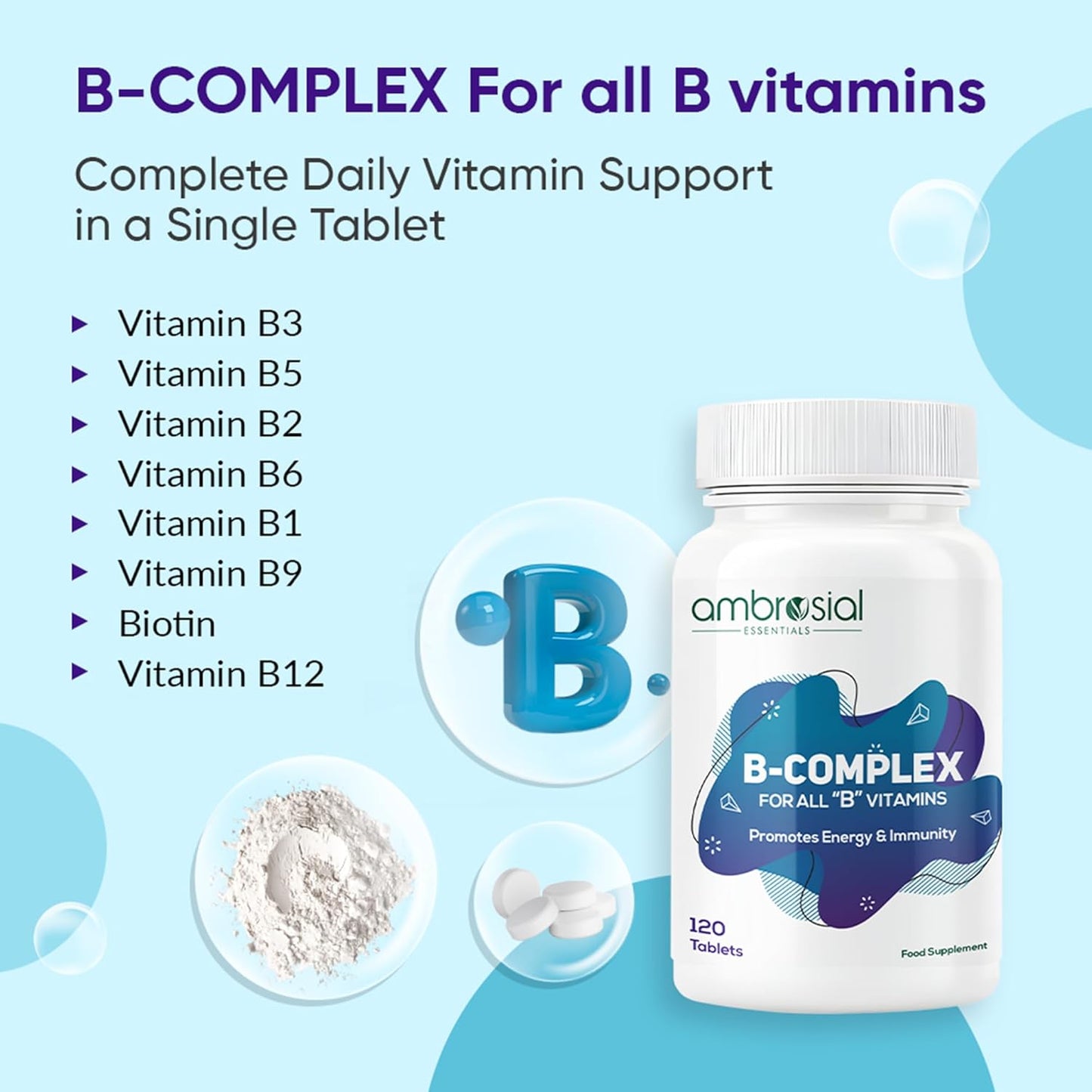 B-complex supplement bottle with vitamins listed on a light blue background