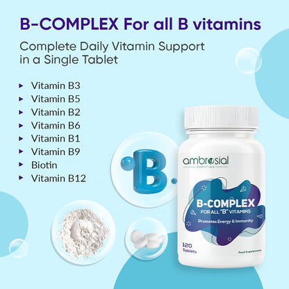 B-complex supplement bottle with vitamins listed on a light blue background