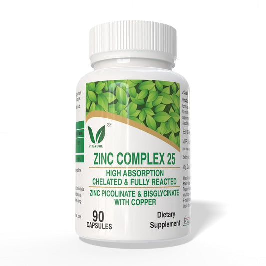 VITARUHE® Chelated Zinc Picolinate & Bisglycinate Complex with Copper, Zinc for Immune, Skin and Cellular Health, High Absorption, Non-GMO, 90 Capsules