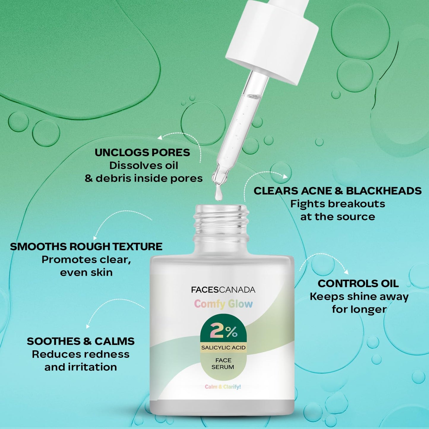 FACES CANADA Comfy Glow 2% Salicylic Acid w/w Face Serum - 15ml | Clears Acne & Blackheads | Unclogs Pores | Controls Oil | Even Skin Tone | Smooth Skin Texture | Gentle Exfoliation