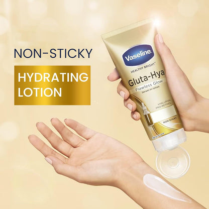 Vaseline Gluta-Hyal lotion being applied to a hand with a gold background