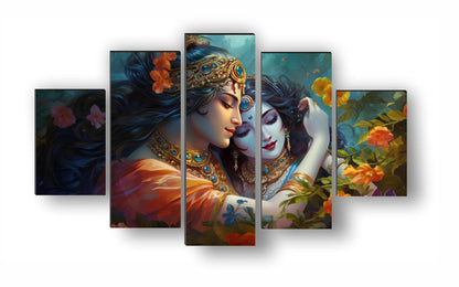 Radha krishna Paintings for Living Room | Painting for Wall Decoration | 3D Wall Art for Bedroom | Radha krishna Religious Wall Painting Set of 5 (75 x 45 cms) SANFPNLS35496