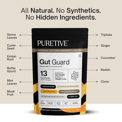 PURETIVE Gut Guard package with ingredients listed on a beige background