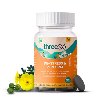 three60 DE-STRESS & PERFORM Tablets | Testosterone Supplement | Helps Boost Stamina | Helps Reduce Stress | Synura® Forte Blend, Saffron, Gokshura | No Steroid | Non Habit Forming | 30 Tablets