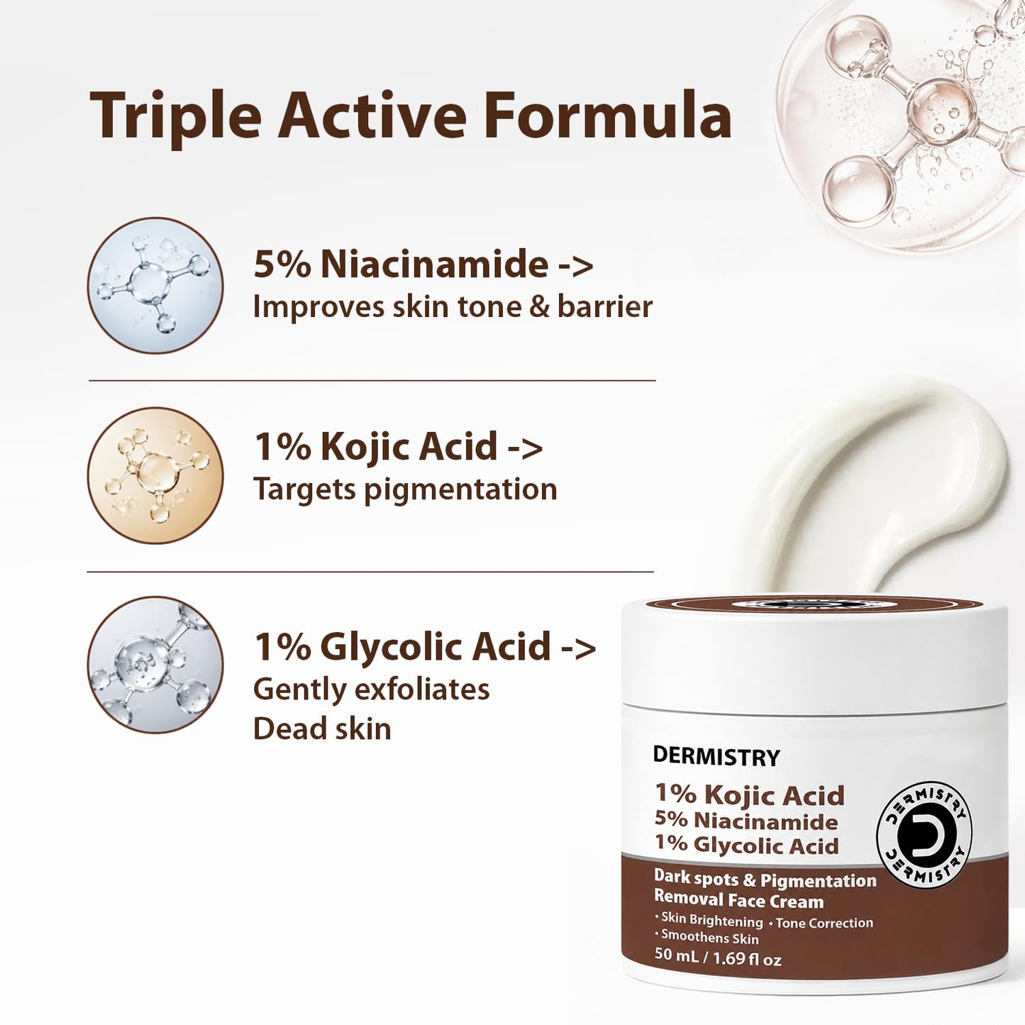 Dermistry 1% Kojic Acid 5% Niacinamide Moisturizer Face Cream for Pigmentation Dark Spots D De Tan Uneven Dull Skin Tone Detan Dtan Removal Glowing Skin Face Glow Men Women Dry Oily All Skin Type 50ml