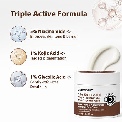 Dermistry 1% Kojic Acid 5% Niacinamide Moisturizer Face Cream for Pigmentation Dark Spots D De Tan Uneven Dull Skin Tone Detan Dtan Removal Glowing Skin Face Glow Men Women Dry Oily All Skin Type 50ml