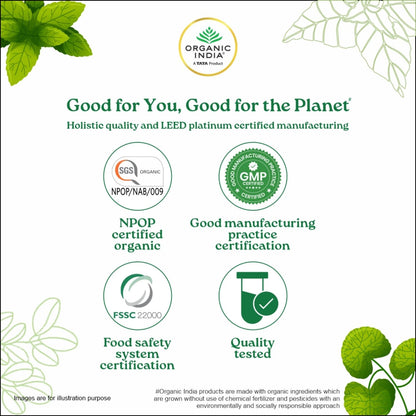 Certification logos for Organic India products on a white background with green leaves.