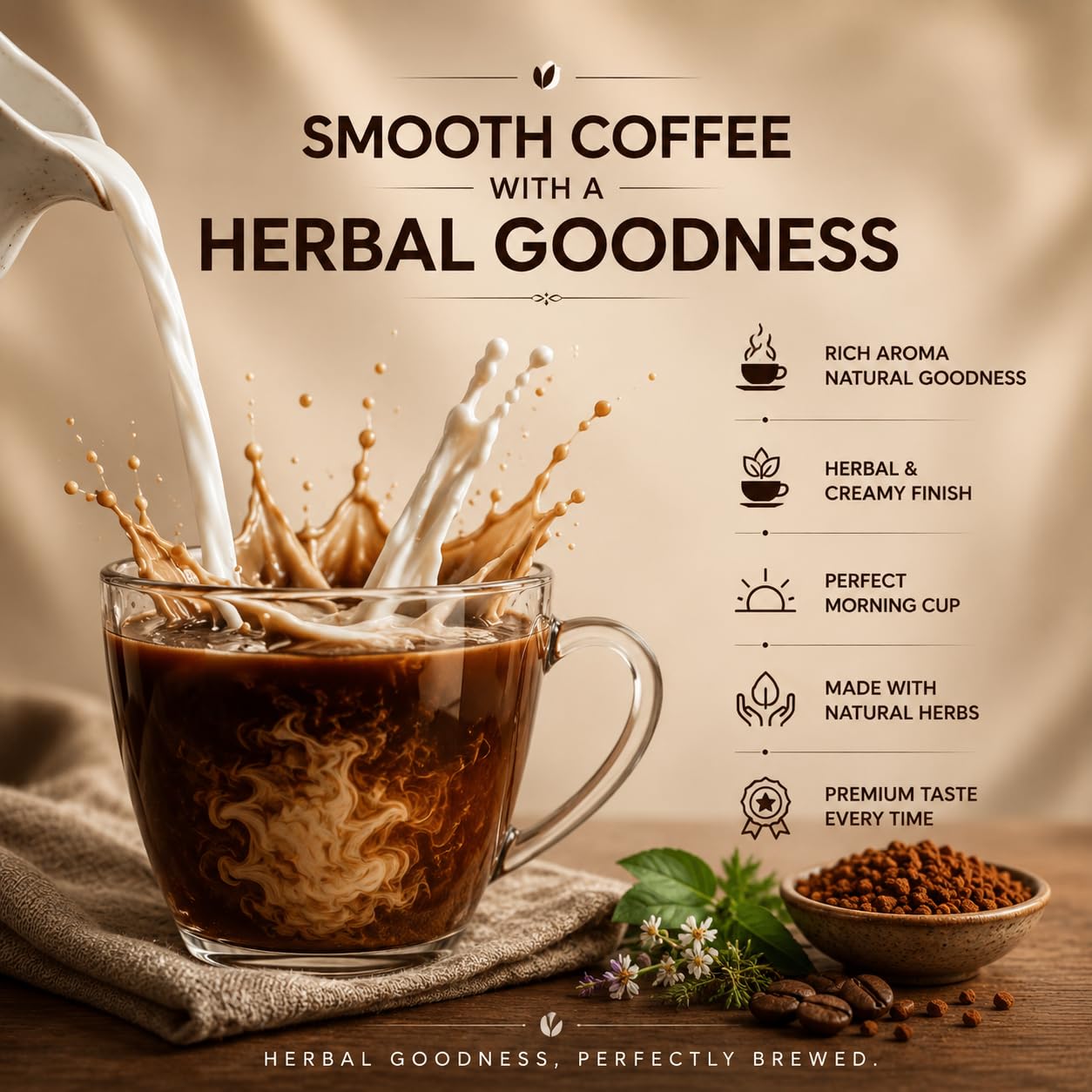 Evora Greens Herbal Instant Coffee | Arabica & Robusta Blend with Functional Herbs | Smooth Strong Taste | Hot & Black Coffee | Makes ~50 Cups | 100g Glass Jar