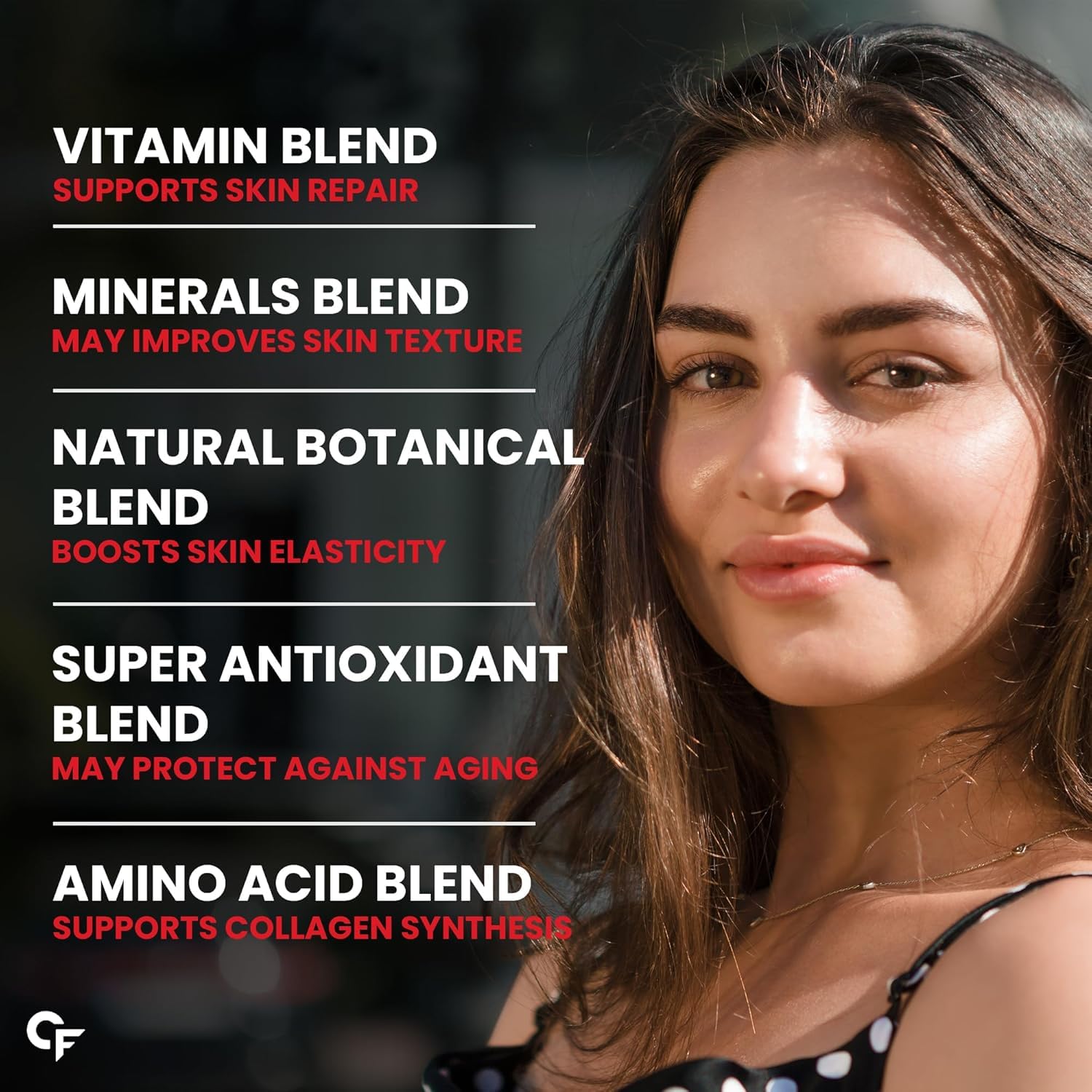 Woman with text about a skincare product's benefits on a dark background