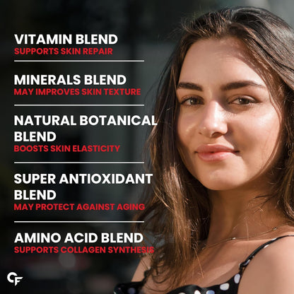 Woman with text about a skincare product's benefits on a dark background