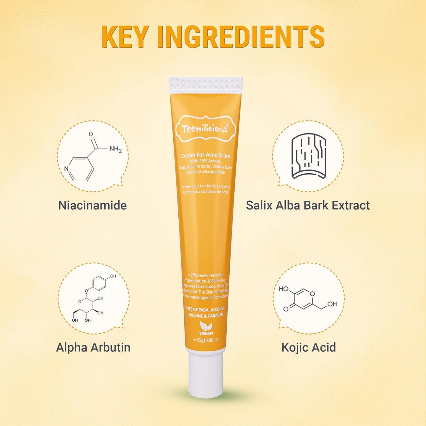 Teenilicious Scar Removal Cream for Acne Scars and Acne Pits | Scar Gel with Kojic Acid, Alpha Arbutin and Niacinamide | Fades Acne Scars, Treats Skin Pigmentation, Brightens Skin Tone | 25 GM