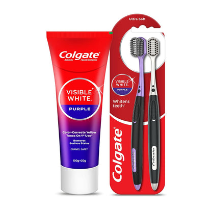 Colgate Visible White Purple Toothpaste 120g and Toothbrush (Pack of 2) Combo