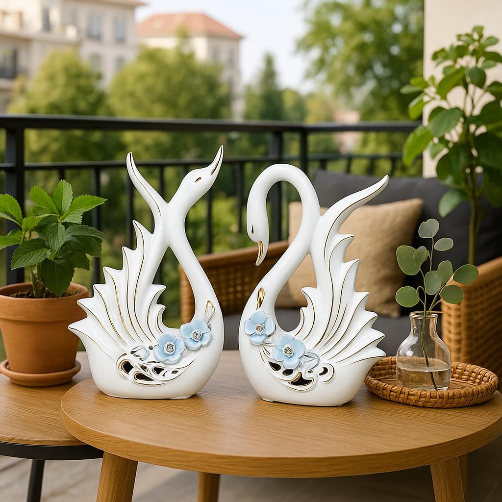 Modern Elite Swan Pair Ceramic Art Figure | Beautiful Home Decor (Set of 2, White)