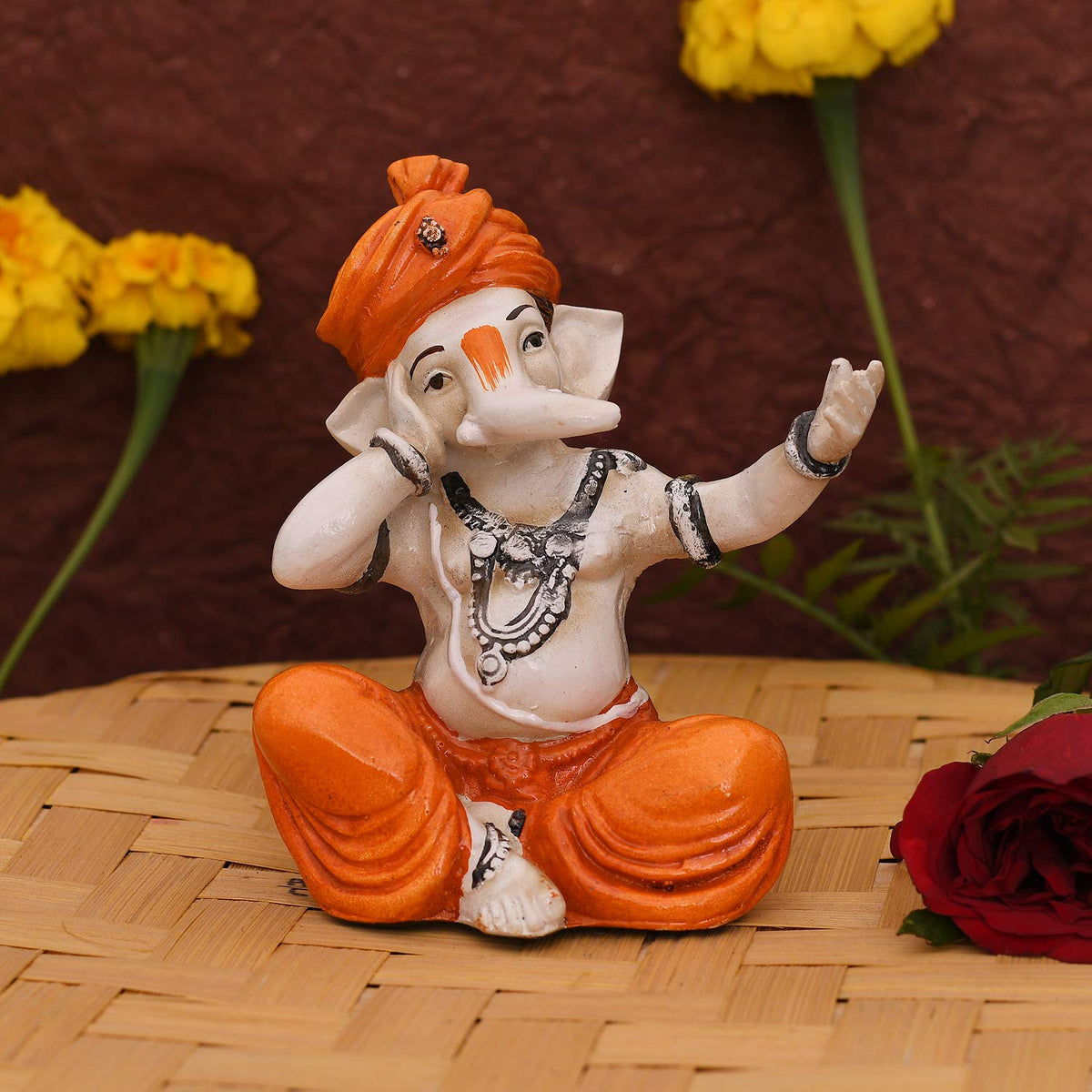 Polyresin Lord Musical Ganesh Statue, 5 x 3 x 2 Inches, Multicolor