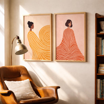 Set of 2 Abstract Woman Framed Wall Painting for Living Room | Modern Aesthetic Wall Art Frame | Minimalist Female Illustration Wall Decor for Bedroom, Hall & Office (M.1, 13x19 inches)