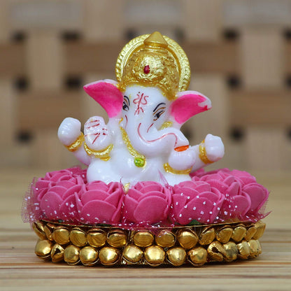Lord Ganesha Idol on Decorative Handcrafted Plate with Pink Flowers