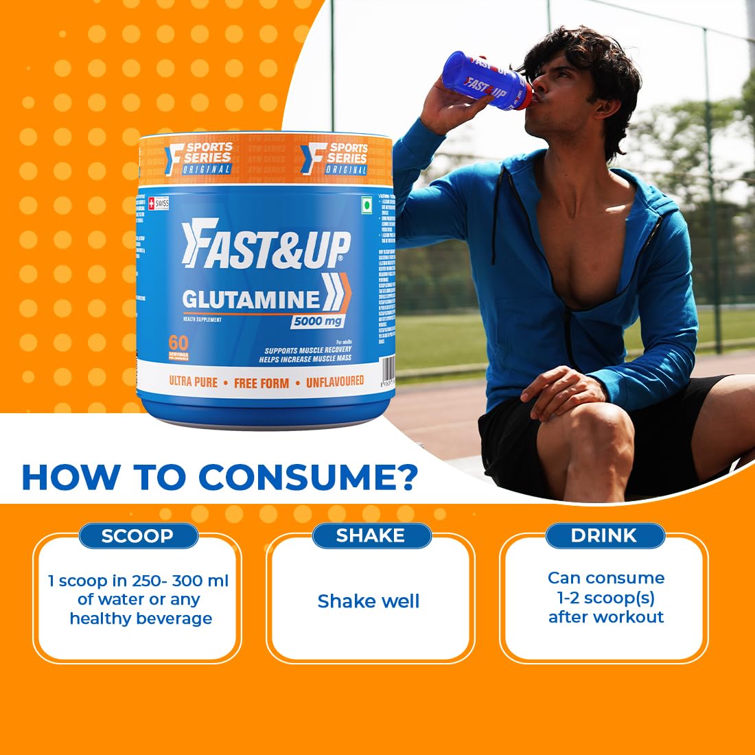 Person drinking from a bottle with a supplement container labeled 'Fast&Up Glutamine' on an orange and white background.