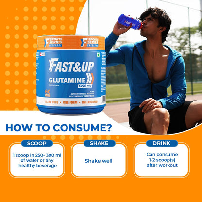 Person drinking from a bottle with a supplement container labeled 'Fast&Up Glutamine' on an orange and white background.