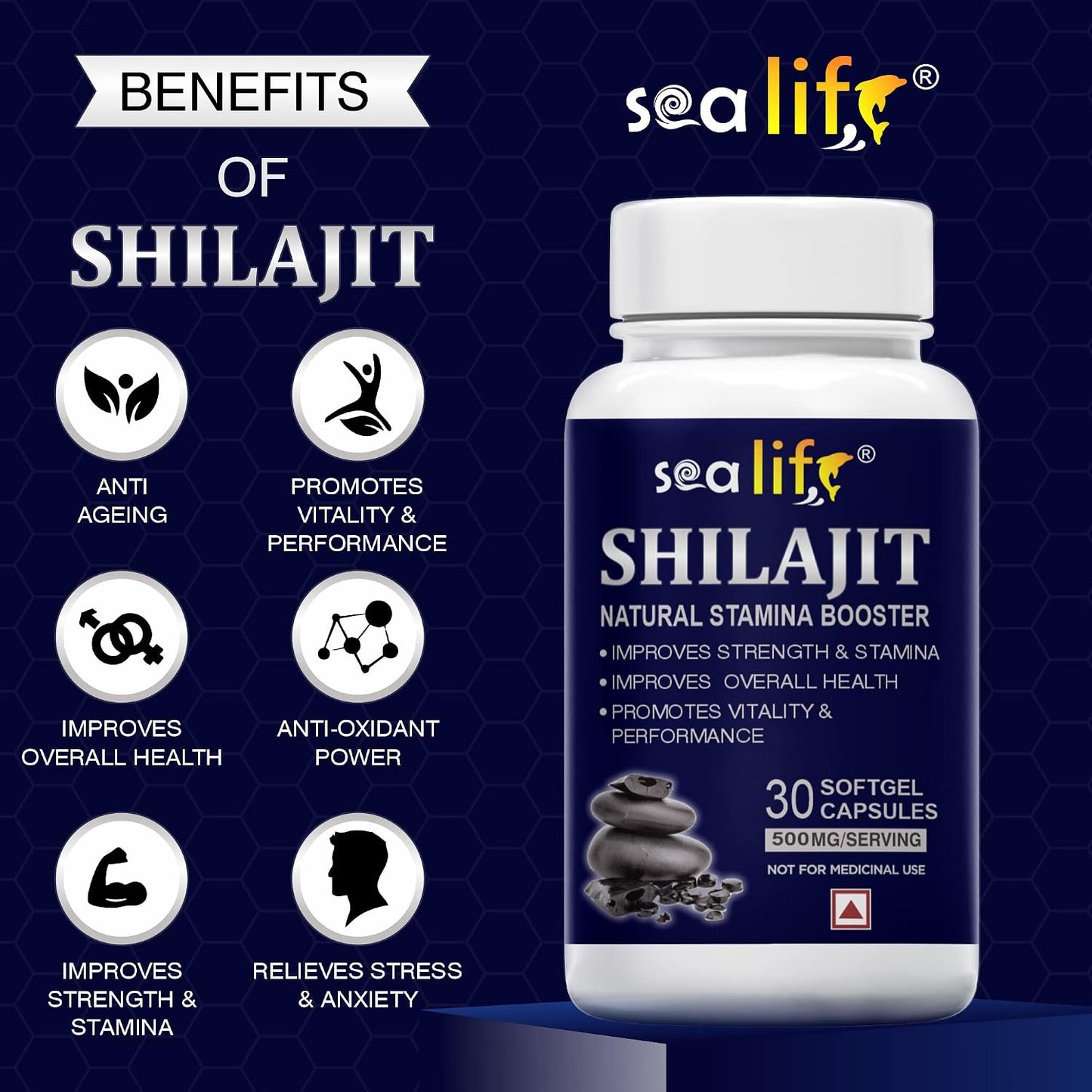 Sea Life Shilajit Softgel Capsules 500 mg | Pure Natural Shilajit Extract Capsules,Boost Immunity, strength & Energy, Supports Metabolism (30 Capsules) Pack of-1