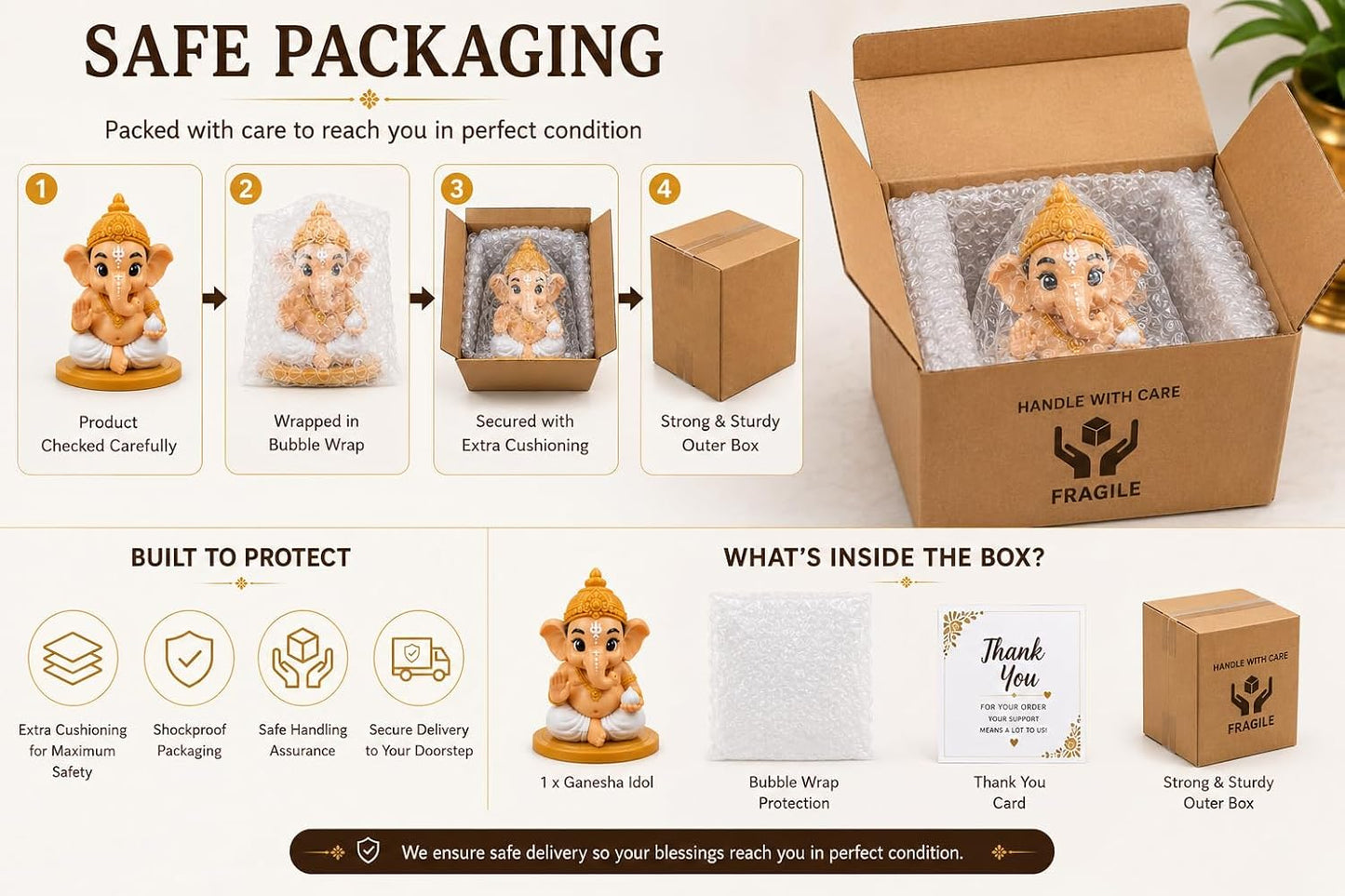 VASPAR Cute Baby Ganesha Idol for Car Dashboard | Premium Lord Ganesh Murti | Mini Ganpati Statue for Home Decor, Office Desk & Pooja Room | Spiritual Gift | Gold - Rectangle Base