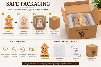 VASPAR Cute Baby Ganesha Idol for Car Dashboard | Premium Lord Ganesh Murti | Mini Ganpati Statue for Home Decor, Office Desk & Pooja Room | Spiritual Gift | Gold - Rectangle Base