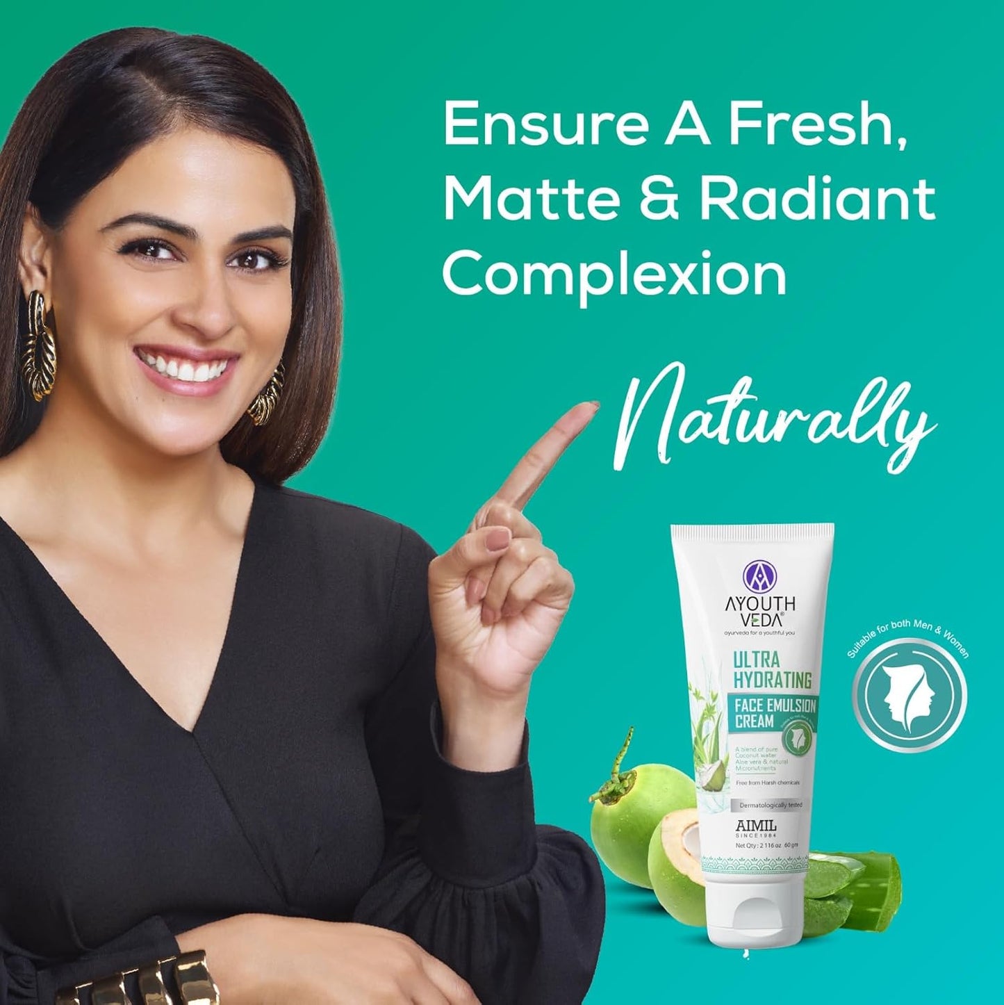 Ayouthveda Ultra Hydrating Face Emulsion Cream | Nature’s Goodness for 24 hours Hydration | Moisturizes, Tones, and Brightens Skin | Prevent Dark spots, Blackheads and Blemishes | With Coconut Water, Aloe Vera, and Green Tea - (Pack Of 1; 60G)