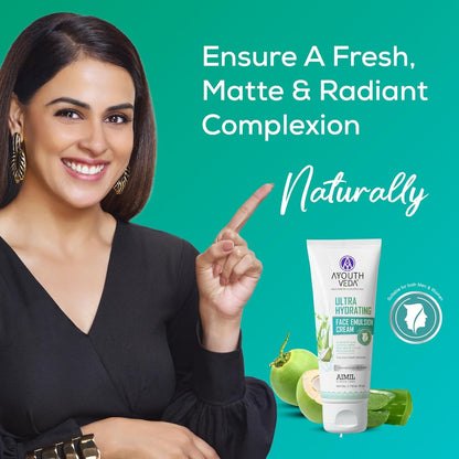 Ayouthveda Ultra Hydrating Face Emulsion Cream | Nature’s Goodness for 24 hours Hydration | Moisturizes, Tones, and Brightens Skin | Prevent Dark spots, Blackheads and Blemishes | With Coconut Water, Aloe Vera, and Green Tea - (Pack Of 1; 60G)
