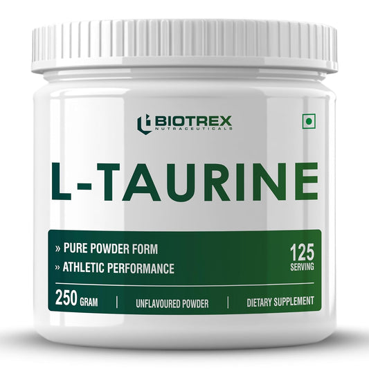 Biotrex Nutraceuticals L-Taurine Powder | Amino Acid Supplement For Athletic Performance | Cardiovascular Health & Enhances Muscle Function | Men & Women - 250Gram (Serving 125)