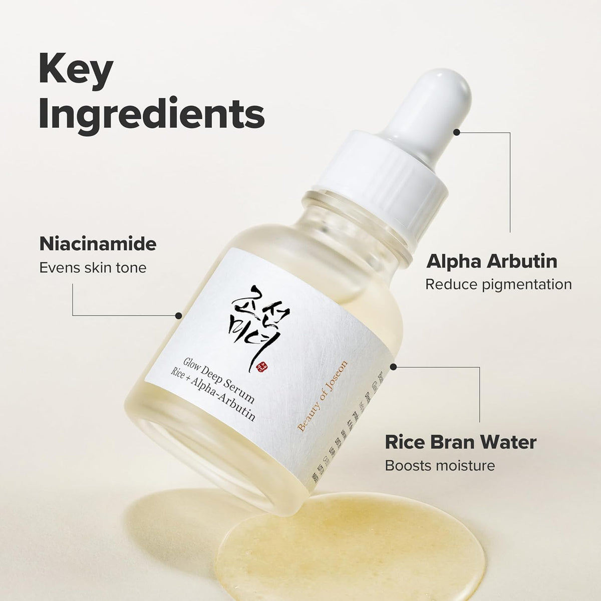 Skincare serum bottle with key ingredients labeled on a light background