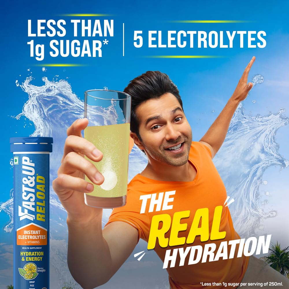 FAST&UP Reload (5 Litres) Low Sugar Energy Drink For Instant Hydration- With All 5 Essential Electrolytes + Added Vitamins -Certified Electrolytes Drink- Mojito Flavour (Pack Of 1) - Tablet