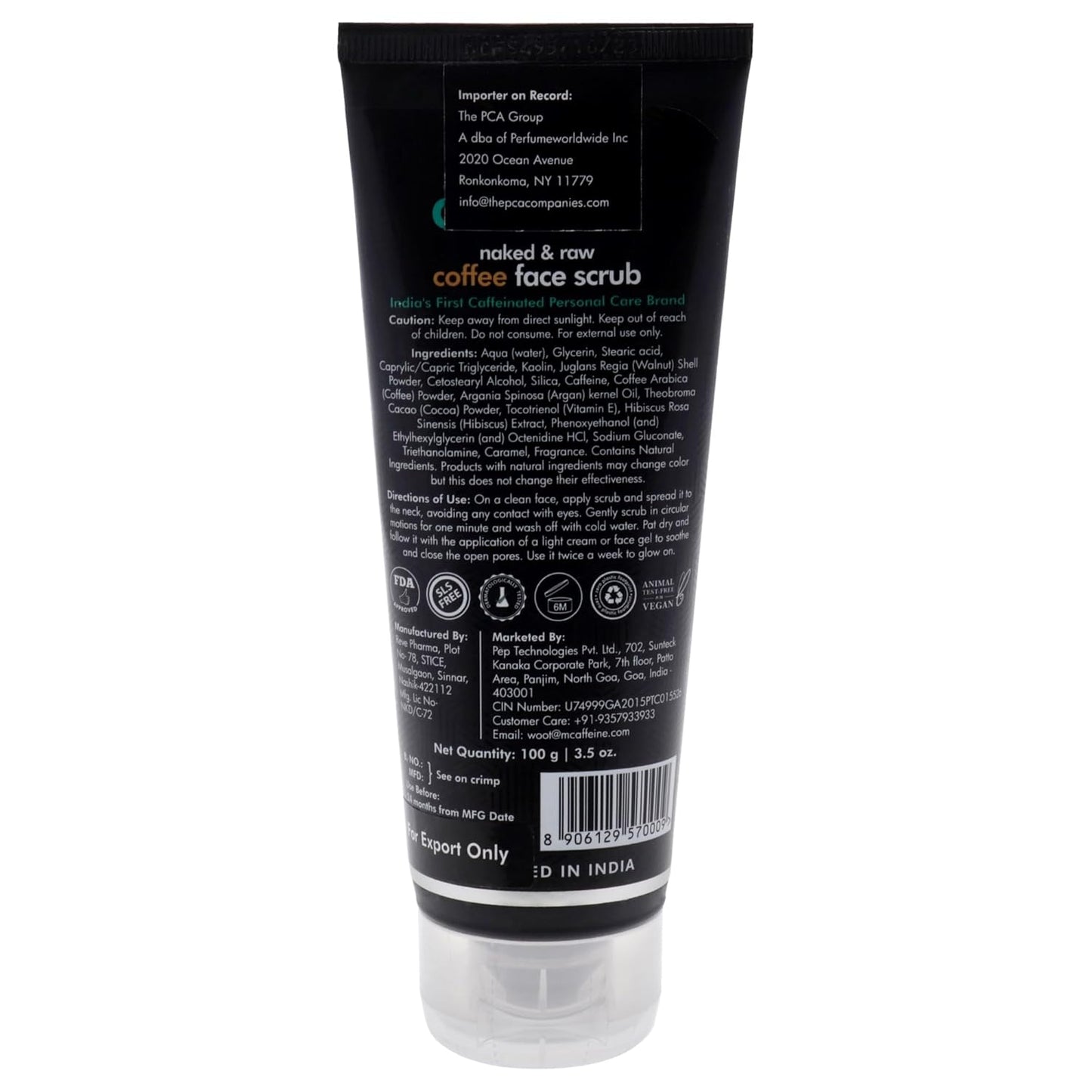 Back view of a tube of coffee face scrub with text and labels on a white background
