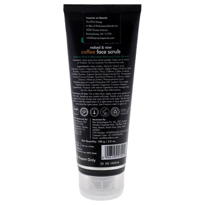 Back view of a tube of coffee face scrub with text and labels on a white background