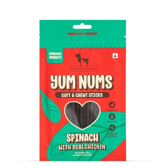 Yum Nums by HUFT Soft & Chewy Sticks - 70 gm | Spinach with Real Chicken Dog Treats | Healthy Dog Snacks | Puppy Training Treats | Veg & Non-Veg Treats for Small & Adult Dogs