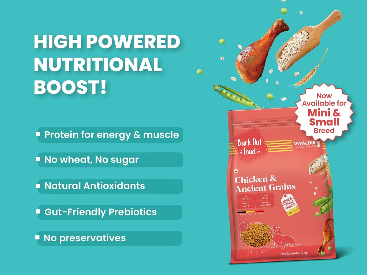 Bark Out Loud Adult Dry Dog Food for Small & Mini Breed – Chicken & Ancient Grains | Low Grain, Antioxidant & Fibre Rich | High Protein Kibbles with Prebiotics & Super Herbs| for Shihtzu, Poodle 1kg