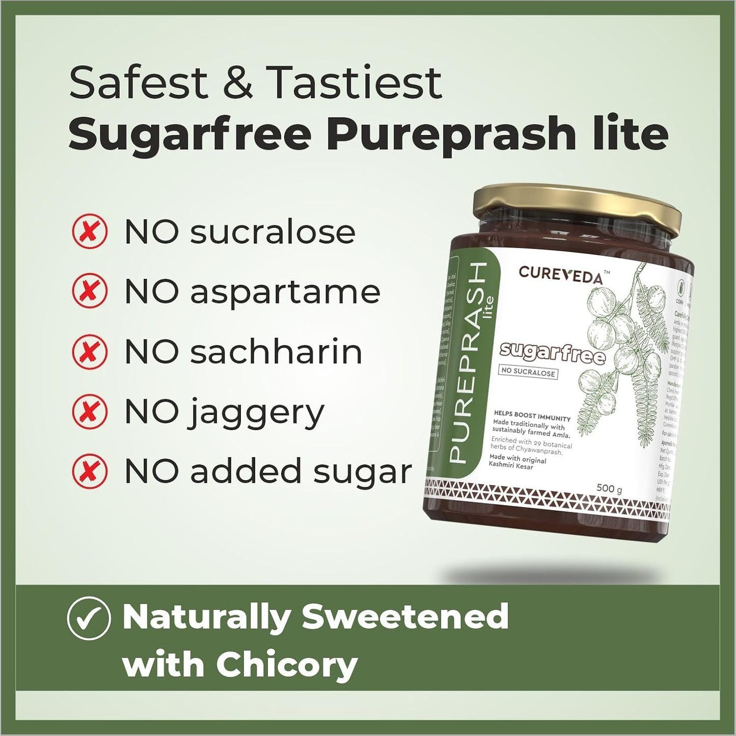 Cureveda Pureprash sugarfree product with safety and taste features on a green background